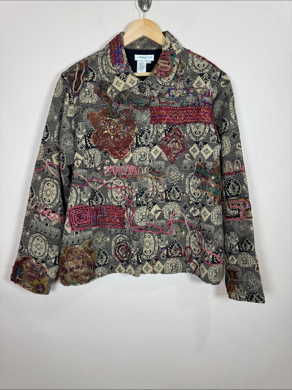 Coldwater Creek Multicolor Embroidered Patchwork Jacket XL Boho Funky Artsy